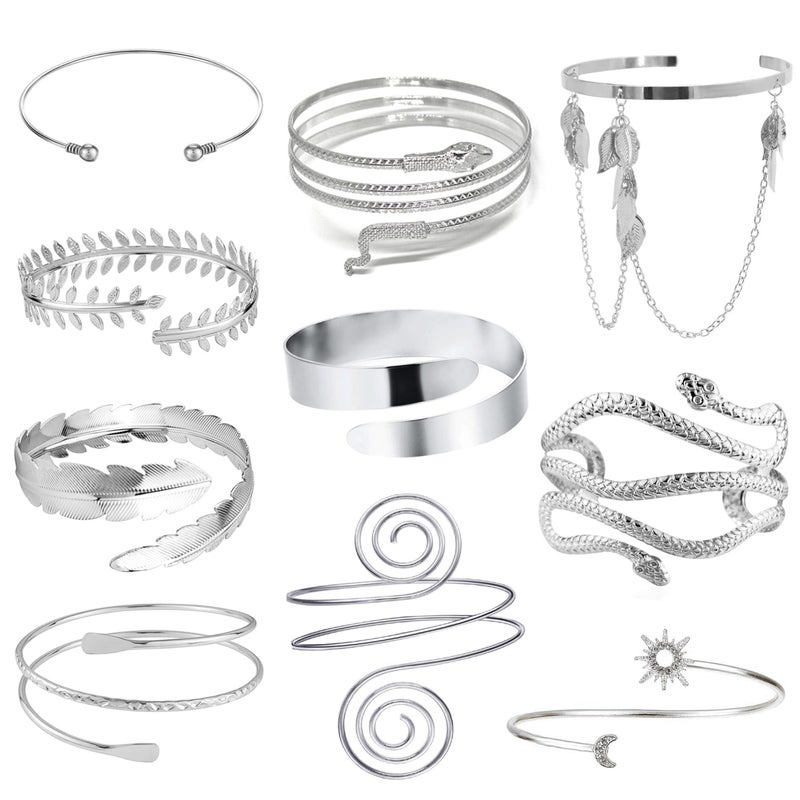 EIELO 10Pcs Arm Cuff Bracelets for Women Upper Arm Bands Snake Feather Armband Greek Goddess Filigree Swirl Boho Armlet Cuff Bangle Adjustable Silvery Arm Bracelet Set - Image 1