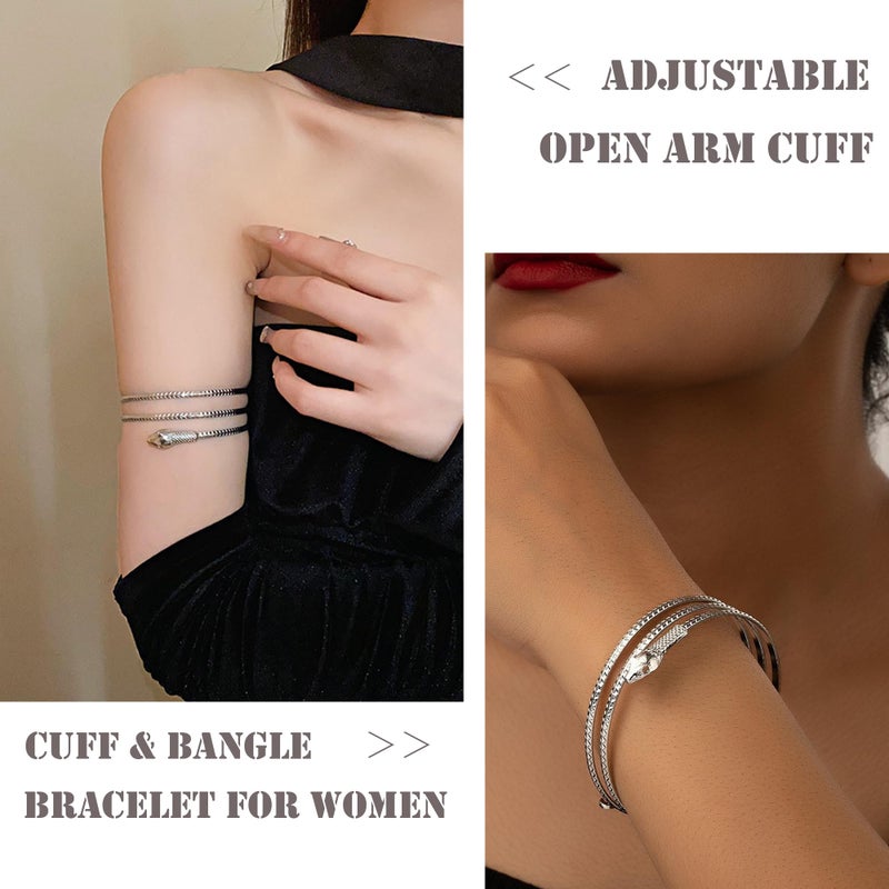 EIELO 10Pcs Arm Cuff Bracelets for Women Upper Arm Bands Snake Feather Armband Greek Goddess Filigree Swirl Boho Armlet Cuff Bangle Adjustable Silvery Arm Bracelet Set - Image 2