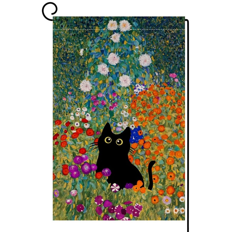 BLKWHT Spring Cat Garden Flag 12x18 Vertical Double Sided Colorful Floral Farmhouse Holiday Outside Decorations Burlap Yard Flag BW571-12 - Image 1