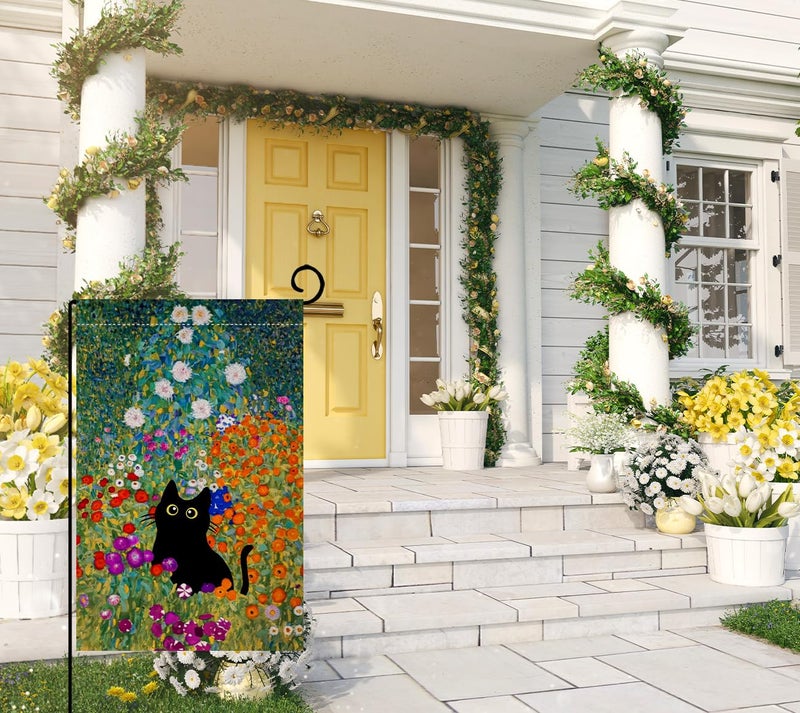 BLKWHT Spring Cat Garden Flag 12x18 Vertical Double Sided Colorful Floral Farmhouse Holiday Outside Decorations Burlap Yard Flag BW571-12 - Image 3