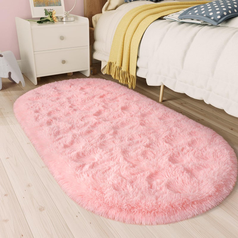 LOCHAS Fluffy Pink Bedroom Rug 26 x 53 Shaggy Area Rug for Bedroom Bedside Soft Oval Throw Rugs Carpet for Living Room Kids Girls Home Decor