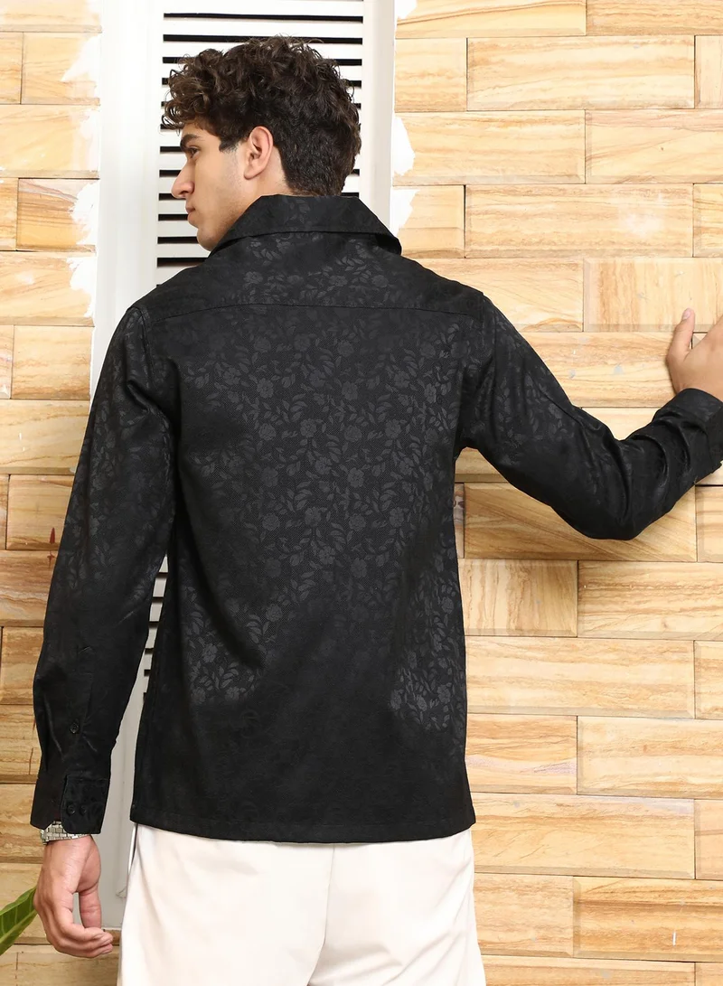 Campus Sutra Campus Sutra Men's Onyx Black Self-Flora Jacquard Shirt | Wing Collar , Long Cuffed Sleeves , Button Closure , Straight Hem | Floral Jacquard | Cotton-Blend Shirt For Casual Wear