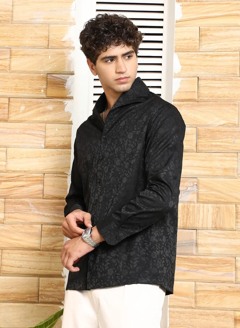 Campus Sutra Campus Sutra Men's Onyx Black Self-Flora Jacquard Shirt | Wing Collar , Long Cuffed Sleeves , Button Closure , Straight Hem | Floral Jacquard | Cotton-Blend Shirt For Casual Wear