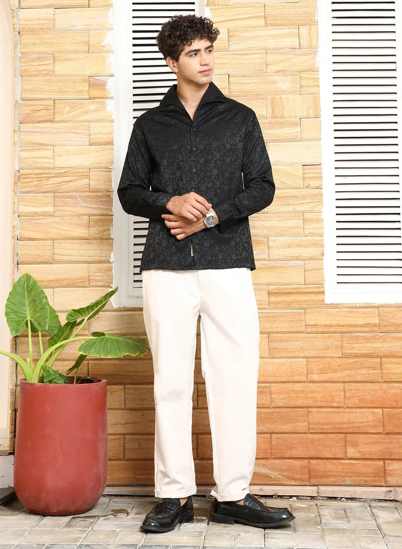 Campus Sutra Campus Sutra Men's Onyx Black Self-Flora Jacquard Shirt | Wing Collar , Long Cuffed Sleeves , Button Closure , Straight Hem | Floral Jacquard | Cotton-Blend Shirt For Casual Wear