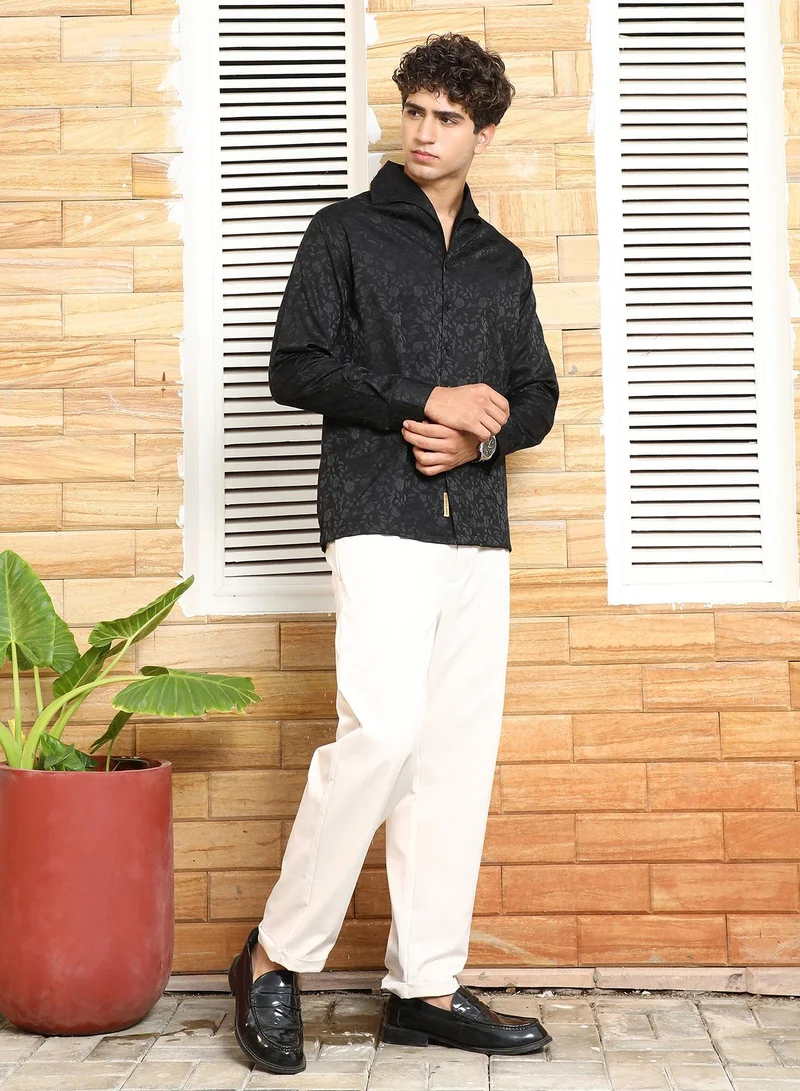 Campus Sutra Campus Sutra Men's Onyx Black Self-Flora Jacquard Shirt | Wing Collar , Long Cuffed Sleeves , Button Closure , Straight Hem | Floral Jacquard | Cotton-Blend Shirt For Casual Wear