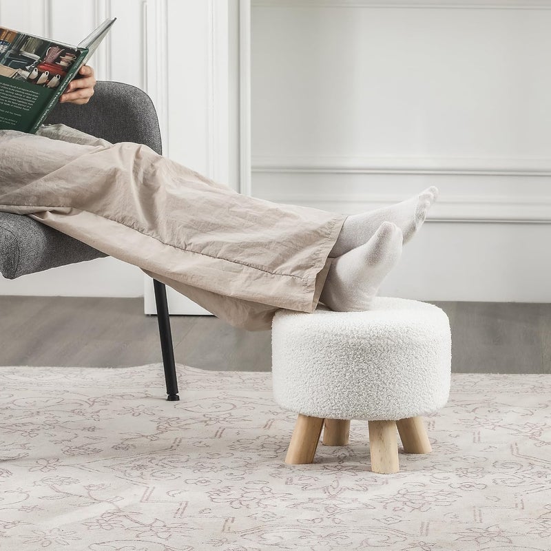 Asense Small Round Ottoman Foot Rest Stool Teddy Velvet Padded Seat Footstool Ottoman with Anti-Slip Wooden Legs (White,Teddy Velvet) - Image 2