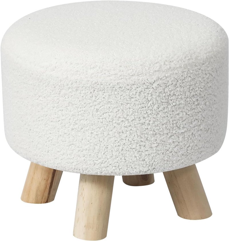 Asense Small Round Ottoman Foot Rest Stool Teddy Velvet Padded Seat Footstool Ottoman with Anti-Slip Wooden Legs (White,Teddy Velvet) - Image 1