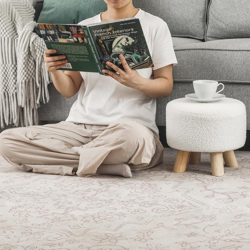 Asense Small Round Ottoman Foot Rest Stool Teddy Velvet Padded Seat Footstool Ottoman with Anti-Slip Wooden Legs (White,Teddy Velvet) - Image 4