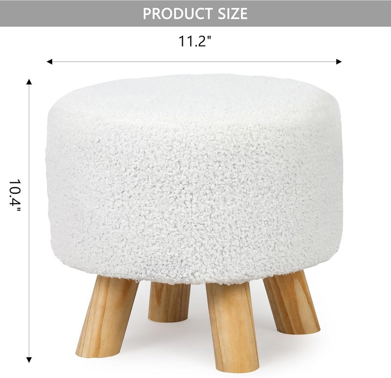 Asense Small Round Ottoman Foot Rest Stool Teddy Velvet Padded Seat Footstool Ottoman with Anti-Slip Wooden Legs (White,Teddy Velvet) - Image 3