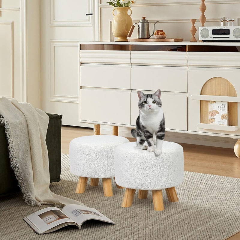 Asense Small Round Ottoman Foot Rest Stool Teddy Velvet Padded Seat Footstool Ottoman with Anti-Slip Wooden Legs (White,Teddy Velvet) - Image 5