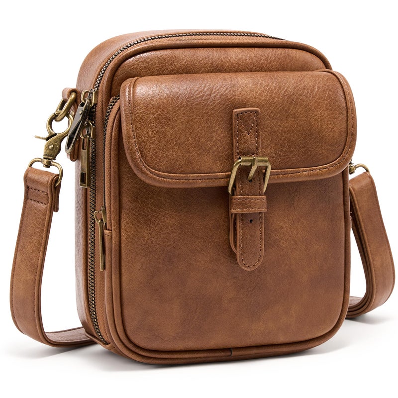 Yarnic Small Messenger Bag Vegan Leather Crossbody Bag for Women Men, Vintage Cross Body Shoulder Purse with Card Slots(Brown) - Image 1