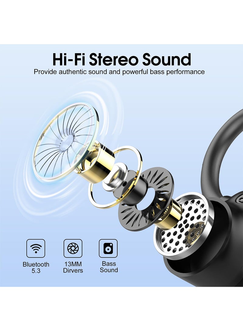 إكس ليفيل سماعة أذن لاسلكية بلوتوث، عزل ضوضاء بنسبة 98.5%، إلغاء تكيفي للأذن والبيئة، صوت عالي الدقة، بطارية 50H، شحن لاسلكي، بلوتوث 5.3 مع خطافات، شاشة LED مزدوجة، سماعات أذن بلوتوث، سماعات ستيريو عميقة الجهير، عازلة للضوضاء، مقاومة للماء IP7 للجري (أسود) - Image 5