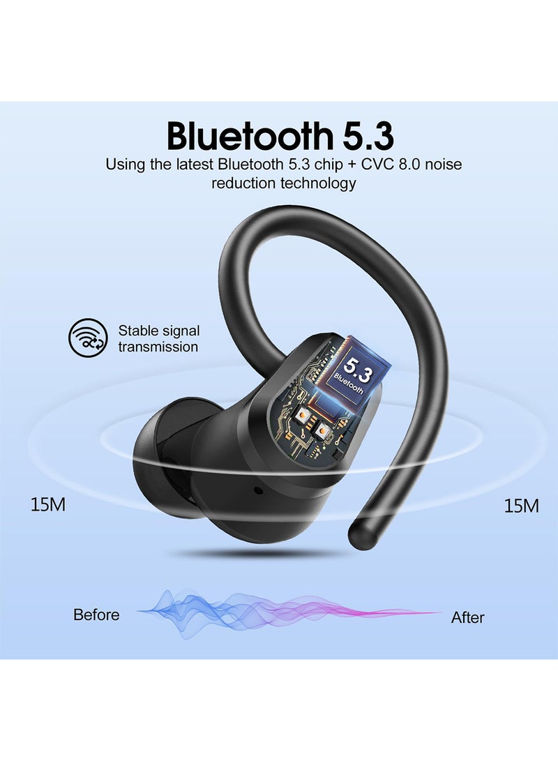 إكس ليفيل سماعة أذن لاسلكية بلوتوث، عزل ضوضاء بنسبة 98.5%، إلغاء تكيفي للأذن والبيئة، صوت عالي الدقة، بطارية 50H، شحن لاسلكي، بلوتوث 5.3 مع خطافات، شاشة LED مزدوجة، سماعات أذن بلوتوث، سماعات ستيريو عميقة الجهير، عازلة للضوضاء، مقاومة للماء IP7 للجري (أسود) - Image 4