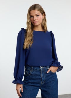 trendyol Navy Blue Long Sleeve Stand Collar Woven Blouse Twoaw25Bz00239  - Image 1
