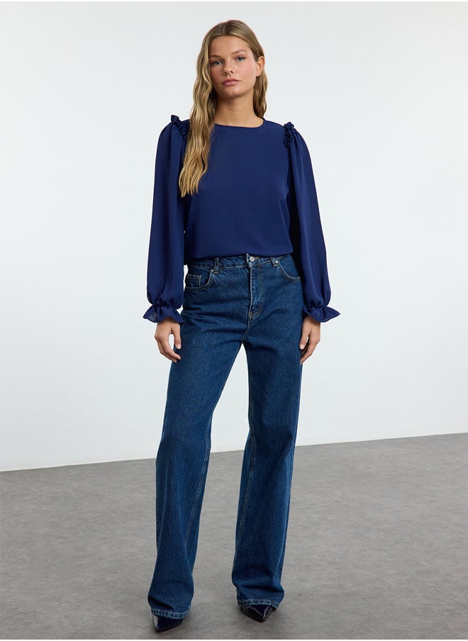 trendyol Navy Blue Long Sleeve Stand Collar Woven Blouse Twoaw25Bz00239  - Image 2