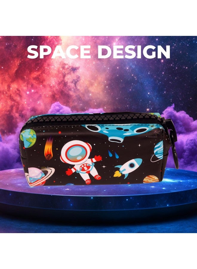 ويش كي حقيبة أقلام رصاص WISHKEY بتصميم فضائي للأطفال، صندوق أقلام رصاص أنيق بسحاب لتخزين أدوات القرطاسية، حقيبة تنظيم أدوات مكتبية كبيرة السعة لطلاب المدارس، (عبوة من قطعة واحدة، أسود) - Image 3