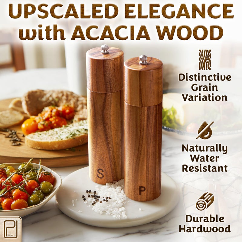 PJCKitchen Tall Wooden Salt and Pepper Grinder Set - 28 g / 1 oz each, Acacia Wood Mills - Refillable Coarse Grain Salt and Peppercorn Manual Twist Grinders - Modern or Rustic Home Table - by PJC-Kitchen - Image 2