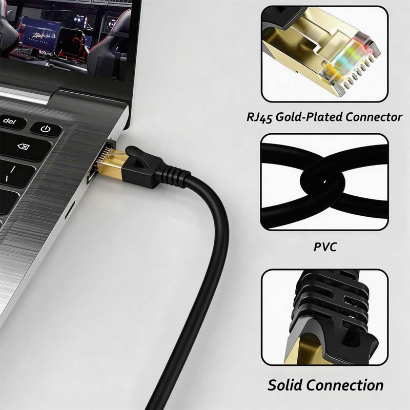 Elfcam ® - كابل إيثرنت Cat8 نحيف بطول 1 متر، كابل لشبكات المنزل والشبكات العامة (LAN/WAN)، من نوع Cat8 SFTP بسماكة سلك 32AWG، بسرعة نقل بيانات 40 جيجابت في الثانية على تردد 2000 ميغاهرتز، مزود بموصلات RJ45، لون أسود وشكل دائري (1 متر). - Image 4