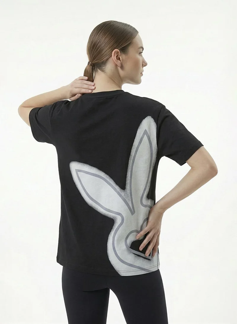 Cardio Bunny black Women's Oversized Back Graphic Print T-Shirt pure Cotton Drop Shoulder for Women | Best Price UAE