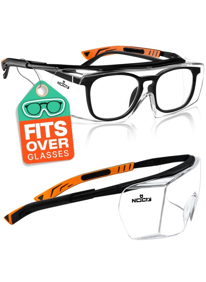 NoCry - Over-Glasses Safety Glasses - with Clear Anti-Scratch Wraparound Lenses Adjustable Arms Side Shields UV400 Protection ANSI Z87  OSHA Certified Black and Orange Frames - Image 1