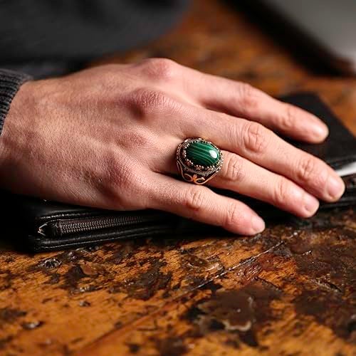 Alpha Rock Natural Green Malachite Stone, Genuine Solid 925 Sterling Silver Accented with Bronze, Authentic Vintage Turkish Ottoman Style Ring for Men (Natural Malachite, 6) - Image 3