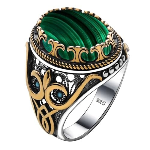 Alpha Rock Natural Green Malachite Stone, Genuine Solid 925 Sterling Silver Accented with Bronze, Authentic Vintage Turkish Ottoman Style Ring for Men (Natural Malachite, 6) - Image 1