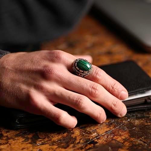 Alpha Rock Natural Green Malachite Stone, Genuine Solid 925 Sterling Silver Accented with Bronze, Authentic Vintage Turkish Ottoman Style Ring for Men (Natural Malachite, 6) - Image 2