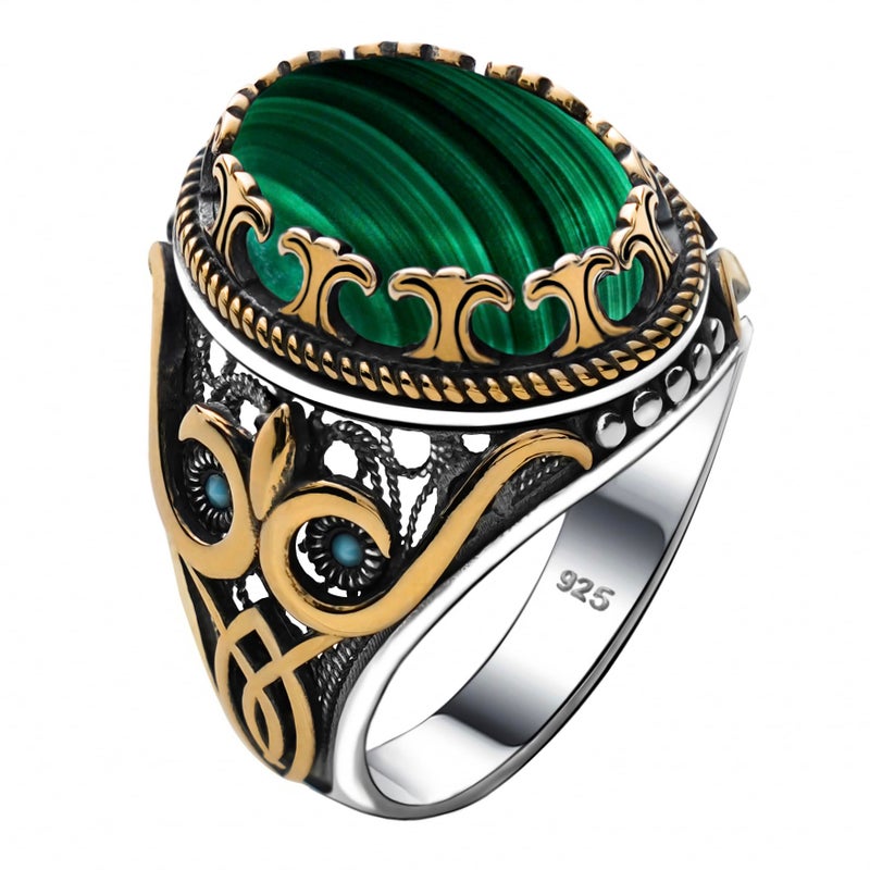 Alpha Rock Natural Green Malachite Stone, Genuine Solid 925 Sterling Silver Accented with Bronze, Authentic Vintage Turkish Ottoman Style Ring for Men (Natural Malachite, 6) - Image 5