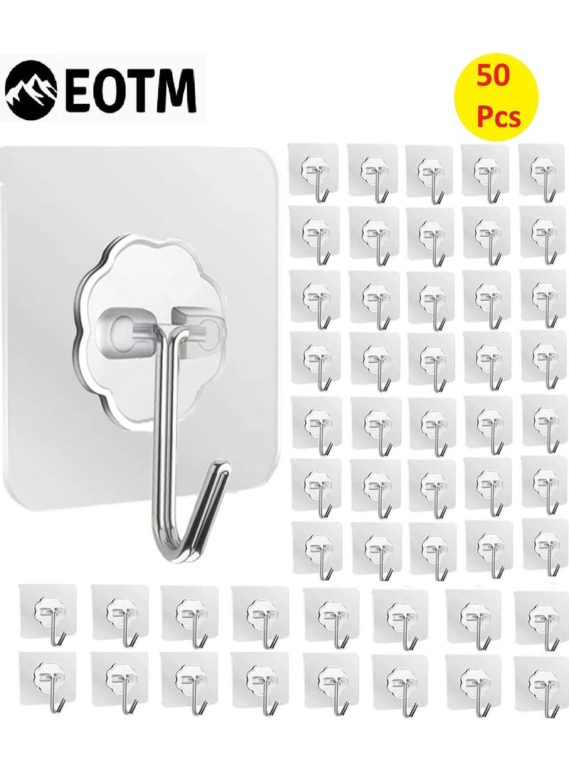 EOTM 50 Pack Wall Hooks 50lb (Max) Transparent Reusable Waterproof Self Adhesive Hook For Multi Use - Image 1