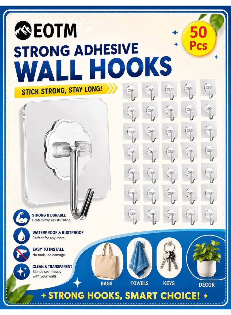 EOTM 50 Pack Wall Hooks 50lb (Max) Transparent Reusable Waterproof Self Adhesive Hook For Multi Use - Image 1