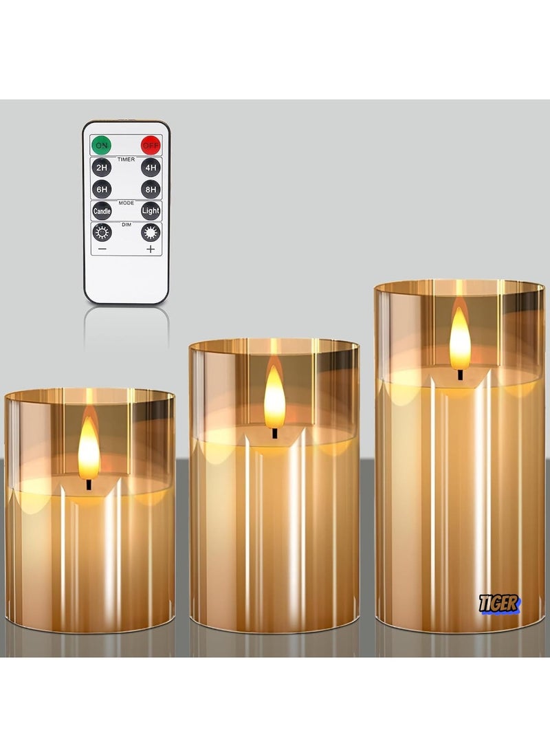 TIGER Glass Flameless Candles with Remote - Battery Operated Flickering LED Pillar Candles, Real Wax Wick, Set of 3, Amber Color - Safe, Elegant Lighting for Home, Weddings, and Decor - Image 1