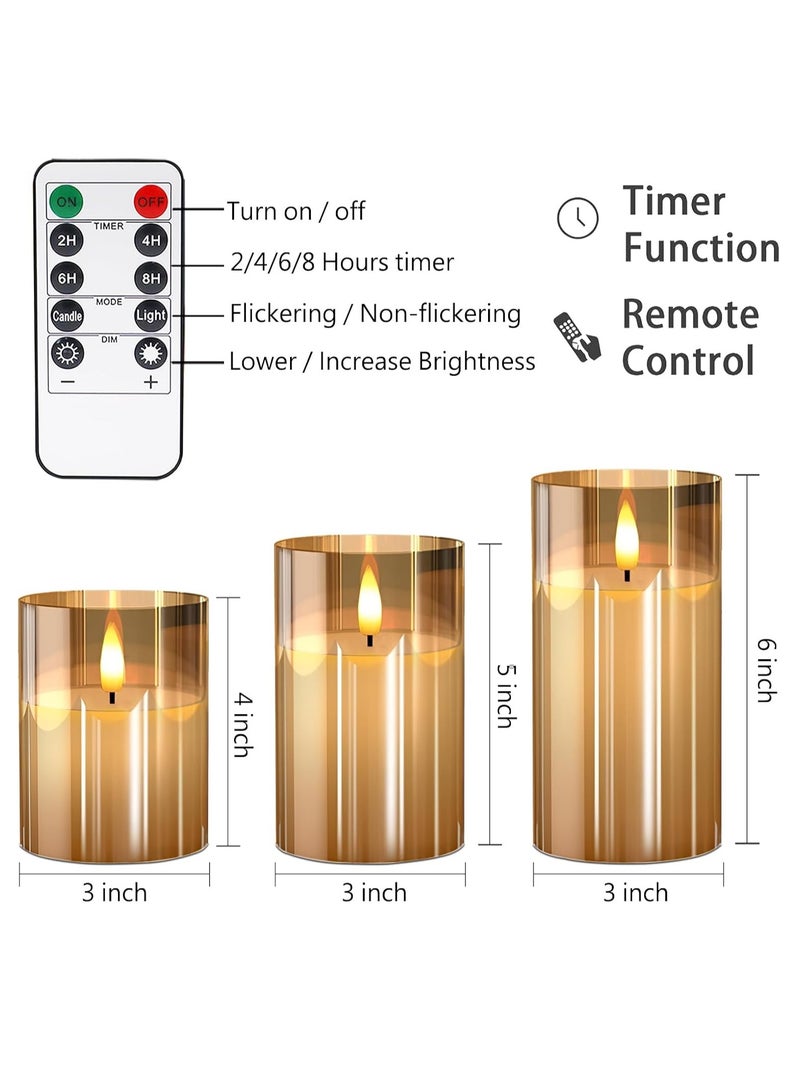 TIGER Glass Flameless Candles with Remote - Battery Operated Flickering LED Pillar Candles, Real Wax Wick, Set of 3, Amber Color - Safe, Elegant Lighting for Home, Weddings, and Decor - Image 3