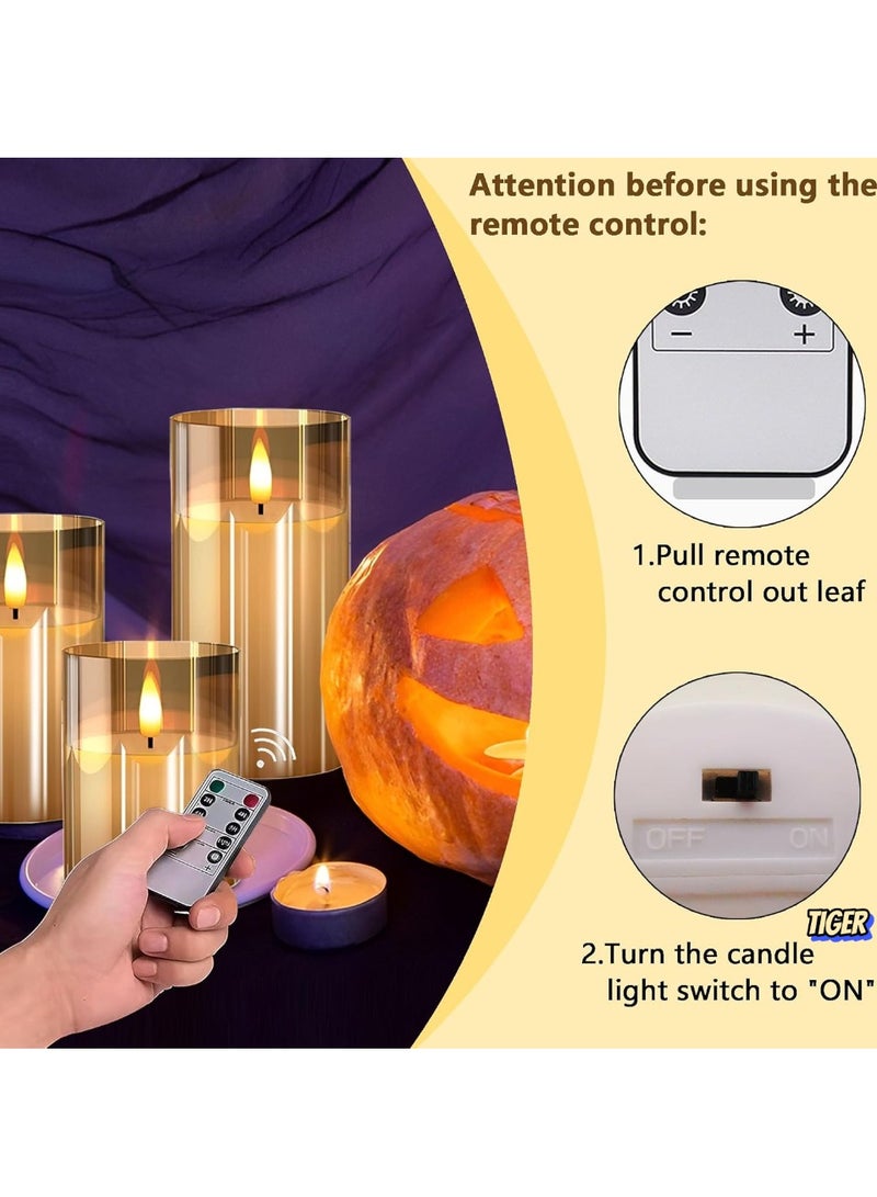 TIGER Glass Flameless Candles with Remote - Battery Operated Flickering LED Pillar Candles, Real Wax Wick, Set of 3, Amber Color - Safe, Elegant Lighting for Home, Weddings, and Decor - Image 2