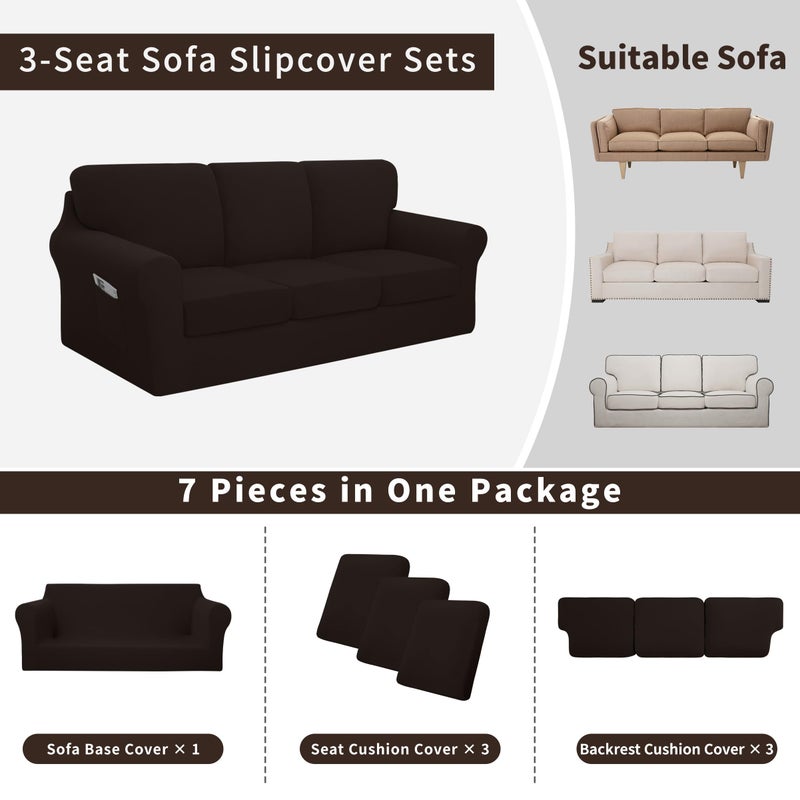 Easy-Going 7 Pieces Stretch Couch Cover Washable Sofa Cover Set for 3 Backrest and Seat Cushion Couch Anti-Slip Sofa Slipcover Furniture Protector with Elastic Bottom (Large, Chocolate) - Image 3