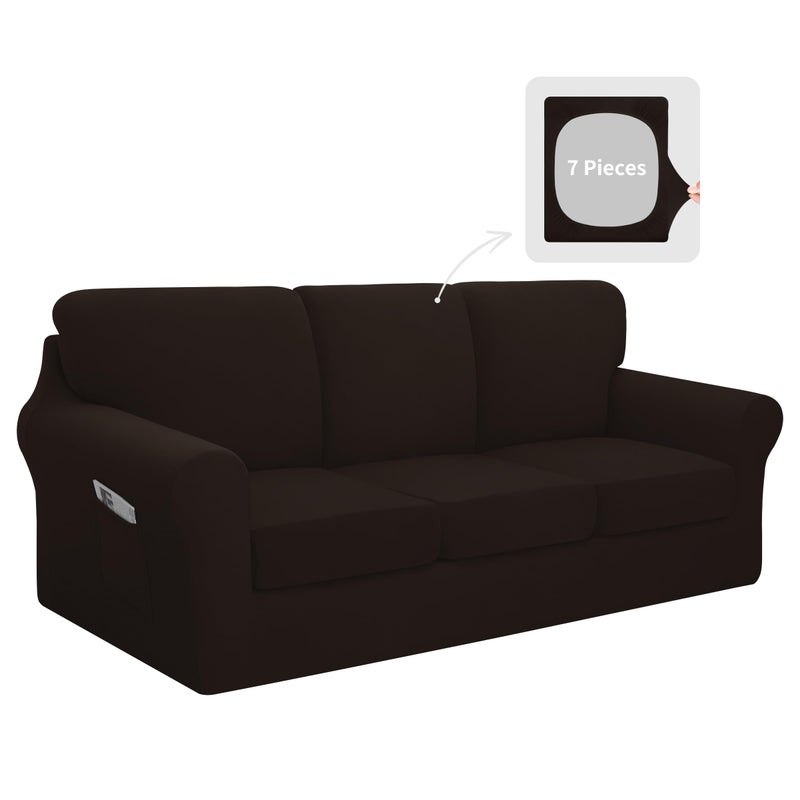 Easy-Going 7 Pieces Stretch Couch Cover Washable Sofa Cover Set for 3 Backrest and Seat Cushion Couch Anti-Slip Sofa Slipcover Furniture Protector with Elastic Bottom (Large, Chocolate) - Image 1