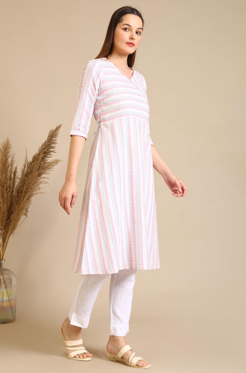 Aurelia Women's White Striped Pure Cotton Mock Angrakha Kurta (Size: L)-A15788-702019 - Image 4