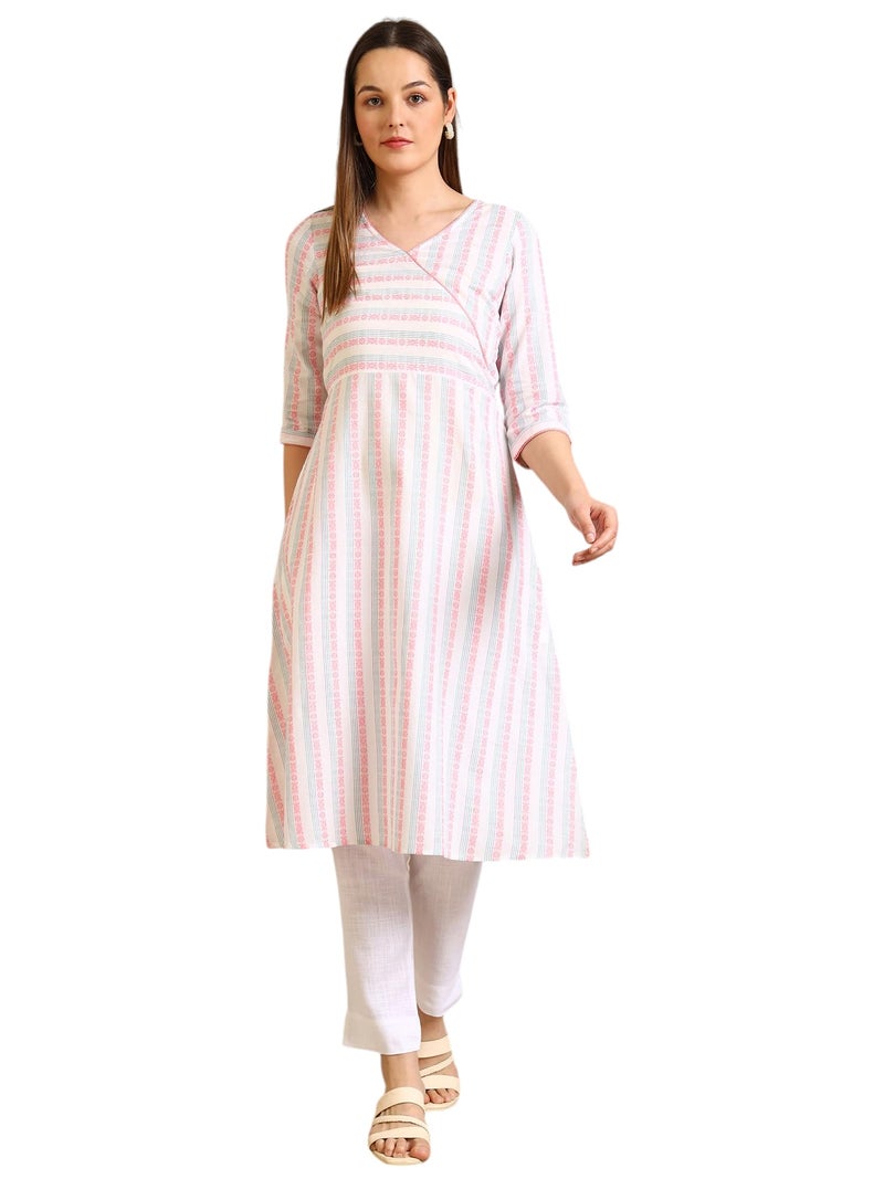 Aurelia Women's White Striped Pure Cotton Mock Angrakha Kurta (Size: L)-A15788-702019 - Image 1