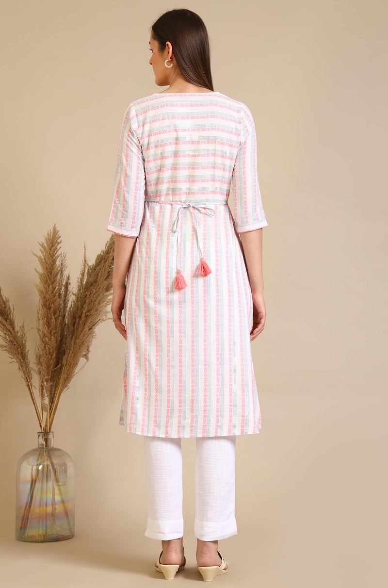 Aurelia Women's White Striped Pure Cotton Mock Angrakha Kurta (Size: L)-A15788-702019 - Image 3