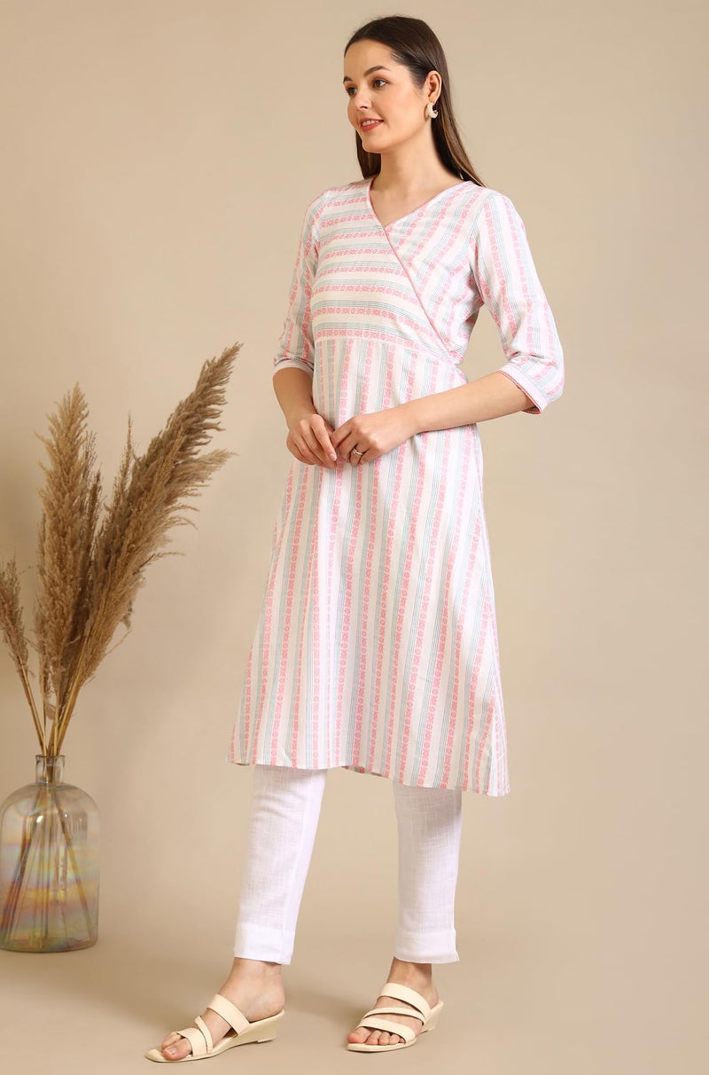 Aurelia Women's White Striped Pure Cotton Mock Angrakha Kurta (Size: L)-A15788-702019 - Image 2