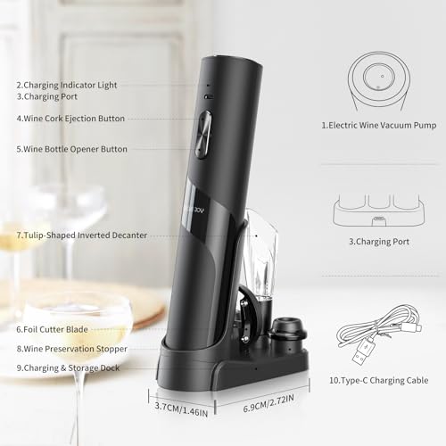 CircleJoy CIRCLE JOY Rechargeable Wine Opener Electric Wine Bottle Opener 7-in-1 Wine Gift Set with Electric Vacuum Pump, Charging Station, Foil Cutter, Wine Aerator Pourer and 2 Wine Stoppers - Image 2