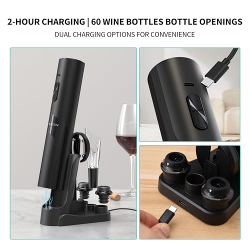 CircleJoy CIRCLE JOY Rechargeable Wine Opener Electric Wine Bottle Opener 7-in-1 Wine Gift Set with Electric Vacuum Pump, Charging Station, Foil Cutter, Wine Aerator Pourer and 2 Wine Stoppers - Image 3