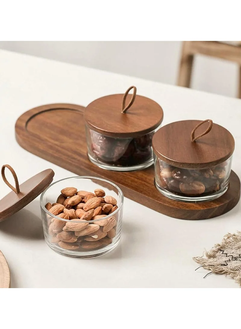 Quesera  Glass nut jar set with woodsen tray- 3 pc set  | Best Price UAE