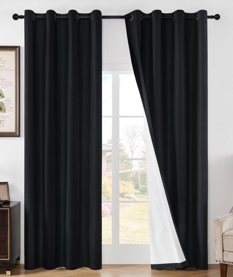 Joydeco Linen Blackout Curtains for Bedroom 96 Inches Long Grommet Heavy Duty Living Room Drapes Thermal Insulated Noise Reduce Cancelling Curtains 2 Panels W52 x L96 Inch Black - Image 1