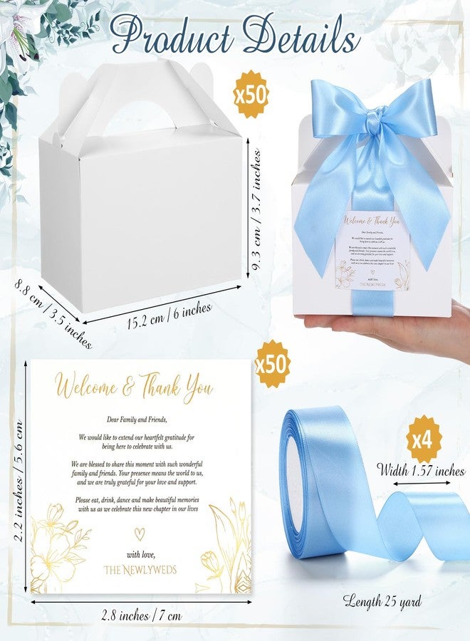 Cholemy 50 Set Wedding Gable Gift Boxes with Handles Blue Ribbon Label 6 x 5.3 x 3.5 Inch Thank You Boxes for Guests Gift Welcome Favor Kit for Bridal Shower Birthday Party Anniversary Packing - Image 2