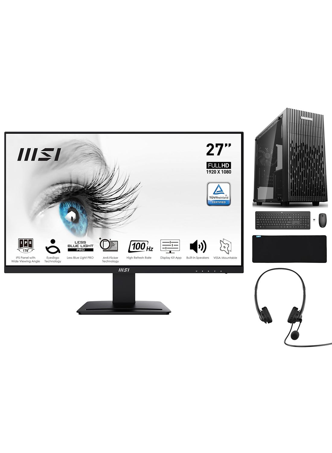 27 inch FHD Office Monitor IPS + NANOTECH Office Desktop PC + Intel Core i5-14400, DDR5 32GB Ram, 2TB NVMe M.2 SSD, GT730 2GB Graphics Card, Air Cooler, Windows 11 Pro, Wi-Fi + Wireless Keyboard & Mouse + USB Headset + Mousepad Black