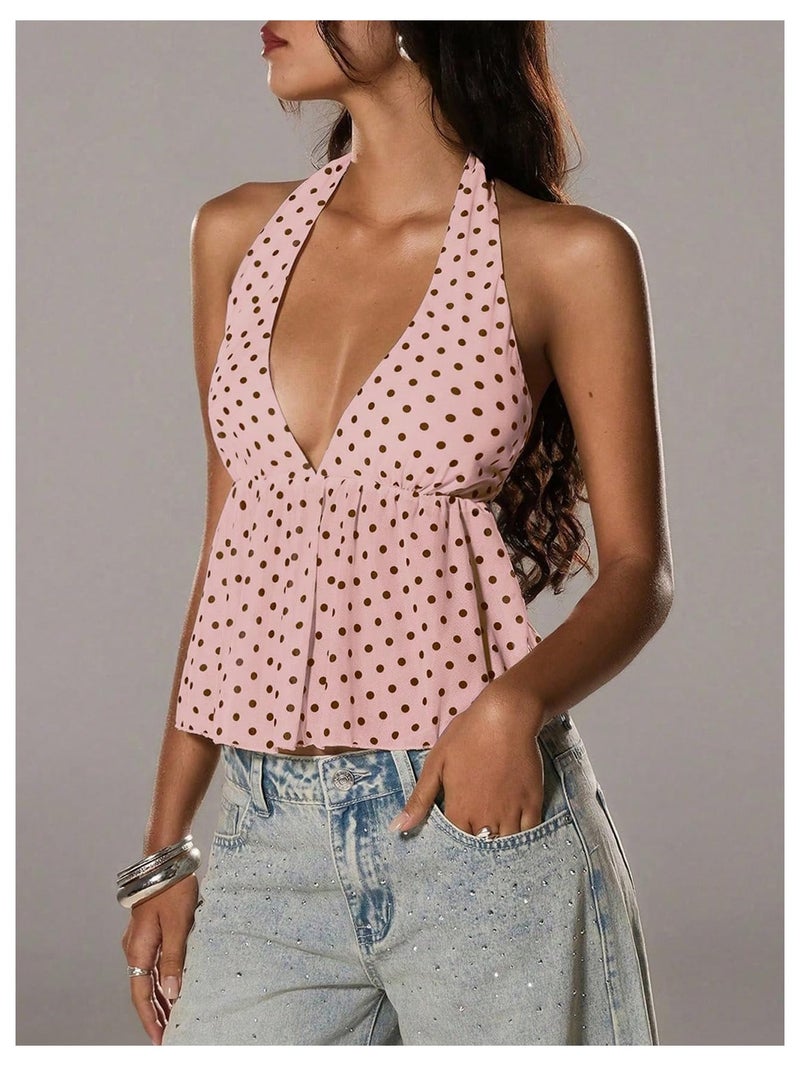 Halter Top Y2K Polka Dots Backless Ruffle Hem Pink - Image 2