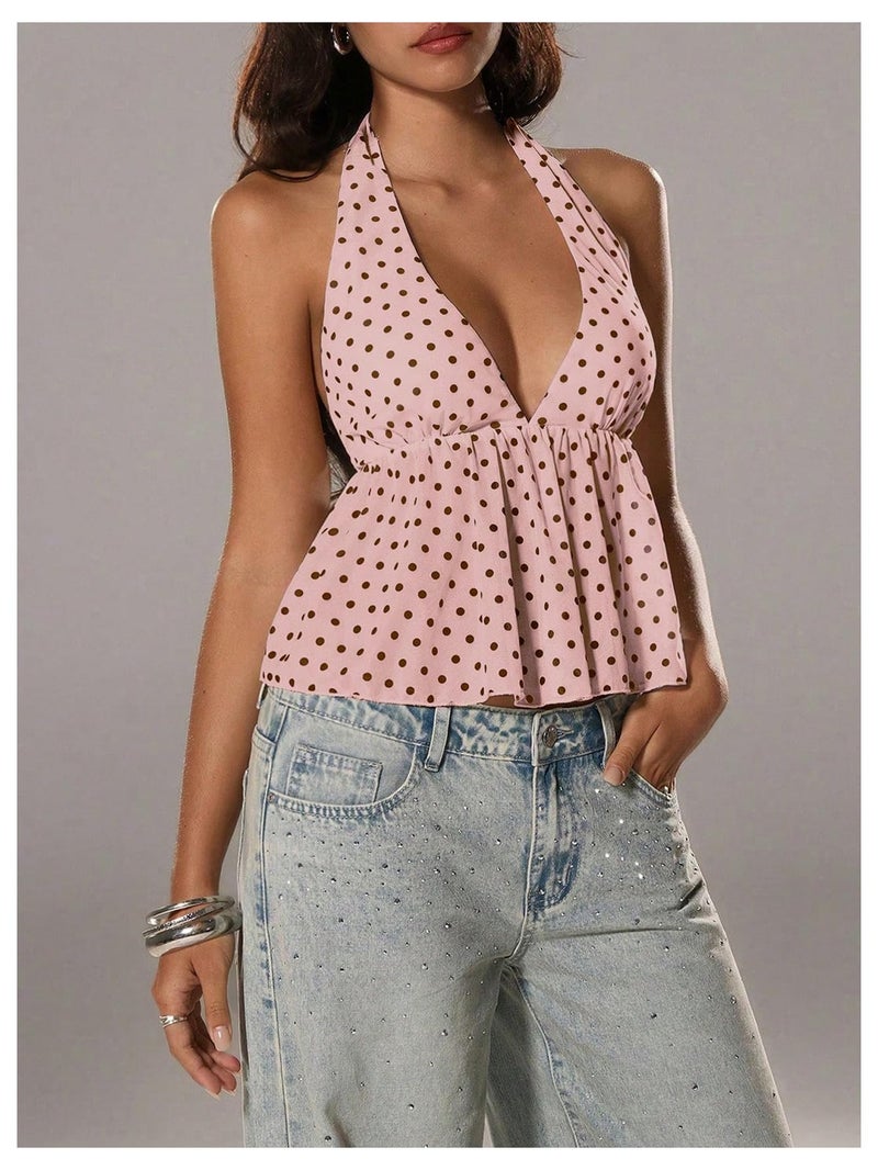 Halter Top Y2K Polka Dots Backless Ruffle Hem Pink - Image 3