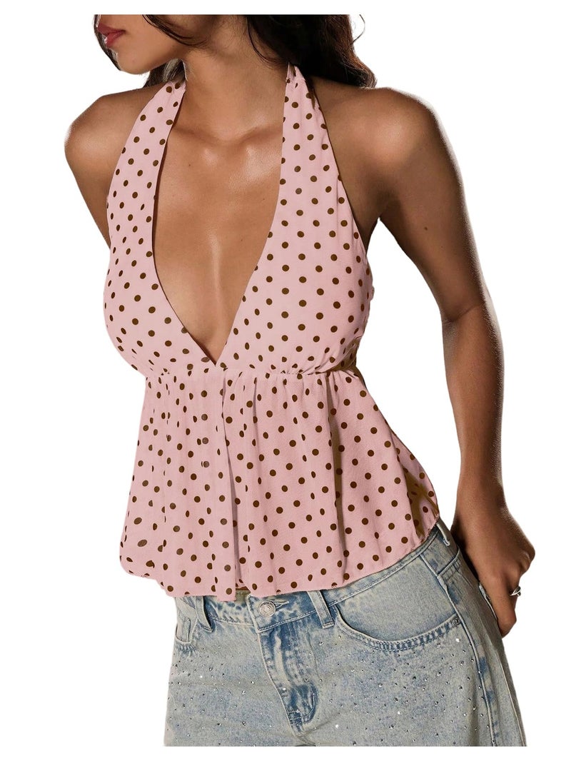 Halter Top Y2K Polka Dots Backless Ruffle Hem Pink - Image 1