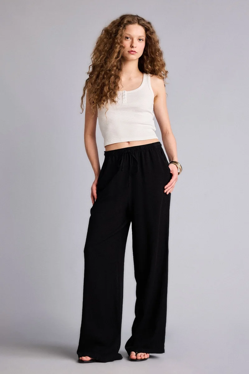 ديفاكتو Wide Leg With Pockets Linen Blended Trousers