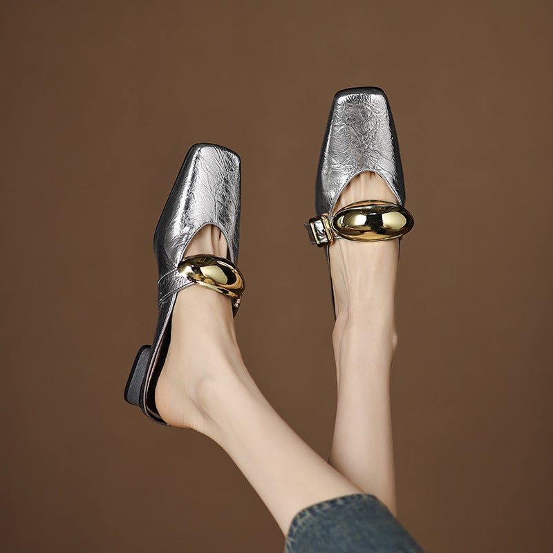 2025 Summer Wish Low Heel Square Head Solid Color 32-43 Size Metal Decorative Outdoor Slippers - Image 4